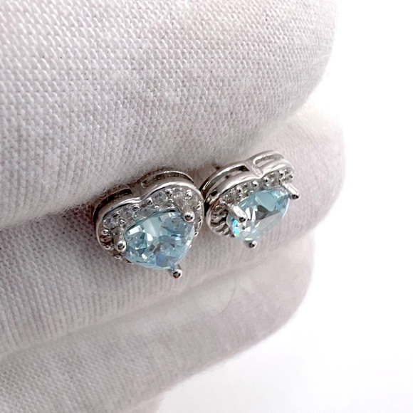 .925 Sterling Silver Aquamarine Cz & Clear Cz Heart Earrings - Picture 16 of 16